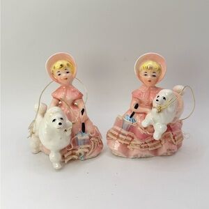 Vintage MCM Pair Girl In Pink Dress W/Parasol & Poodle Dog 3” Ceramic Figurines